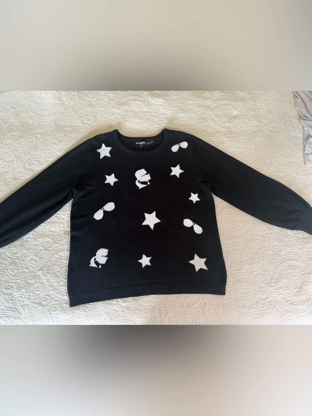 Karl Lagerfeld “Paris” Black Sweater with White Stars & Sunglasses Motifs